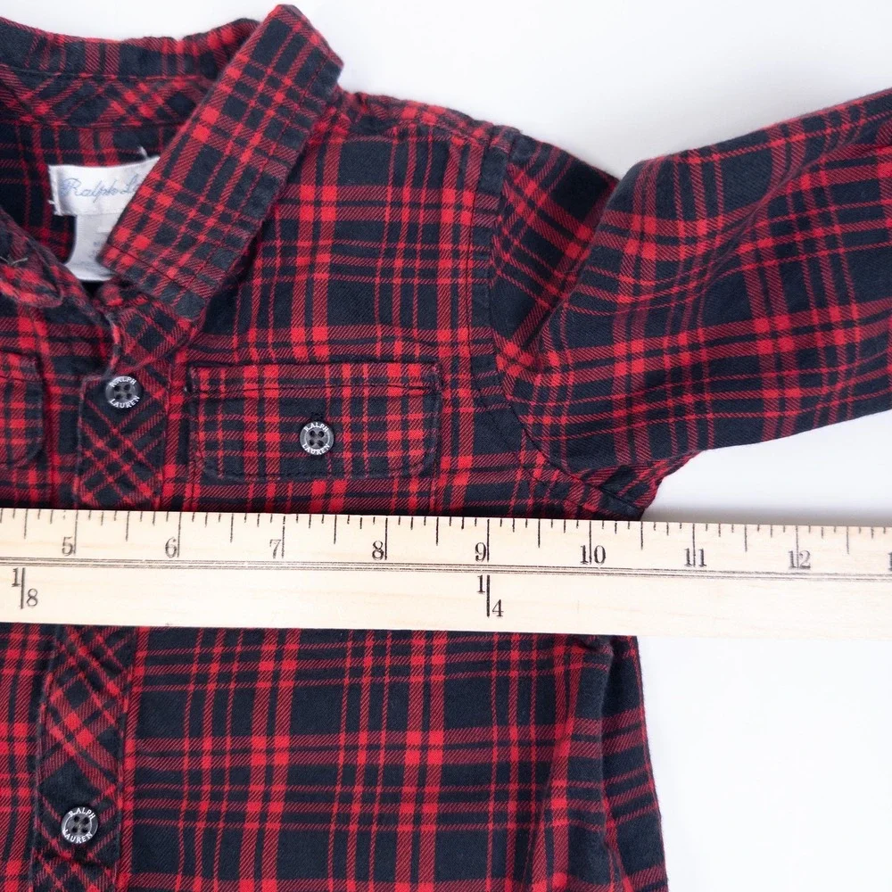Ralph Lauren Button Down‎ Shirt Kids 9M Red Black Plaid Flannel Long Sleeve